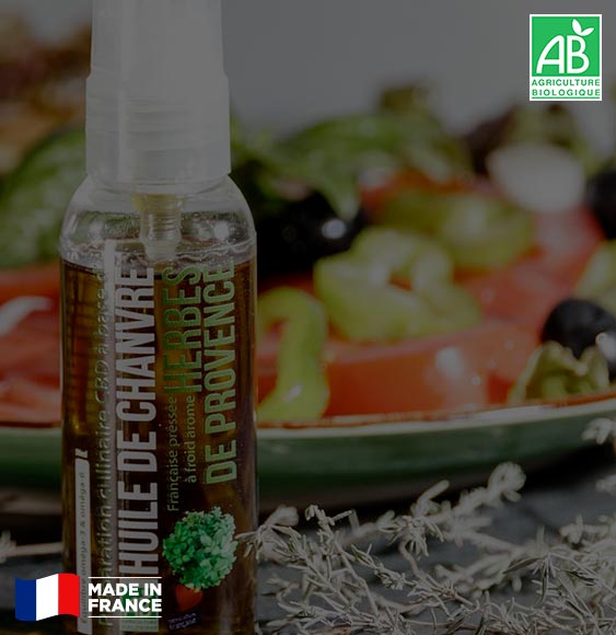 banniere huile de chanvre cbd cuisine et logo made in France et logo agriculture biologique